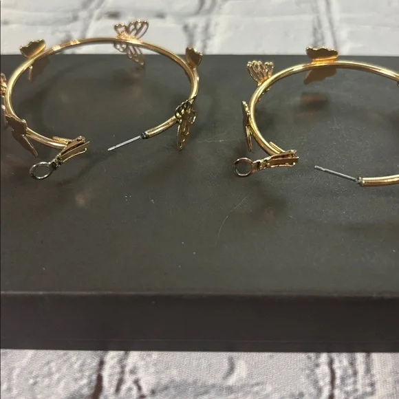 Gold Tone Butterfly Hoop Earrings - Picture 3 of 7